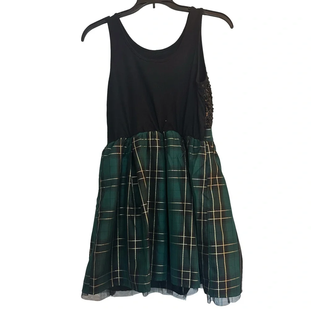NWT Children's Place Chic Black Sequins Bodice Green/Gold Plaid Pullover Dress